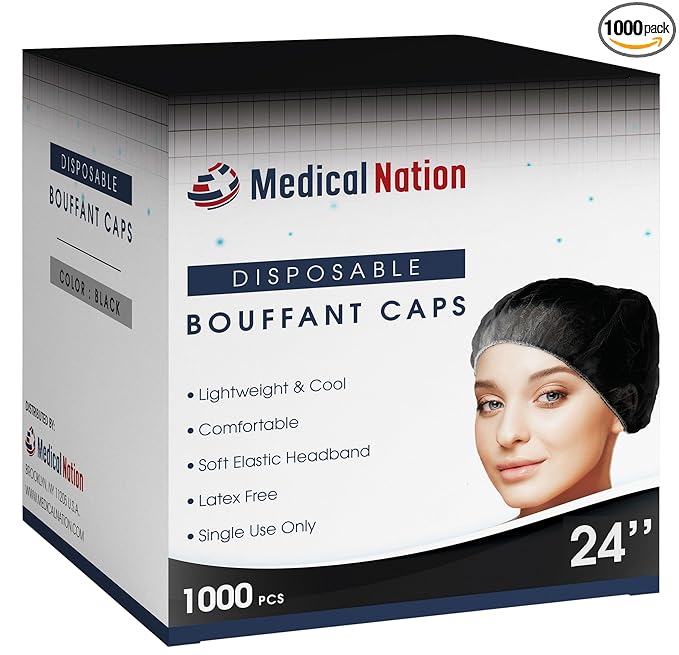 Medical Nation 24" Hair Net Disposable Bouffant Caps |CASE OF 1000, BLACK| Hairnets, Non-Woven, Non-Pleated Hair Cover |for Medical, Lab, Nurse, Tattoo, Food Service, Hospital, Cooking- Size 24" Black