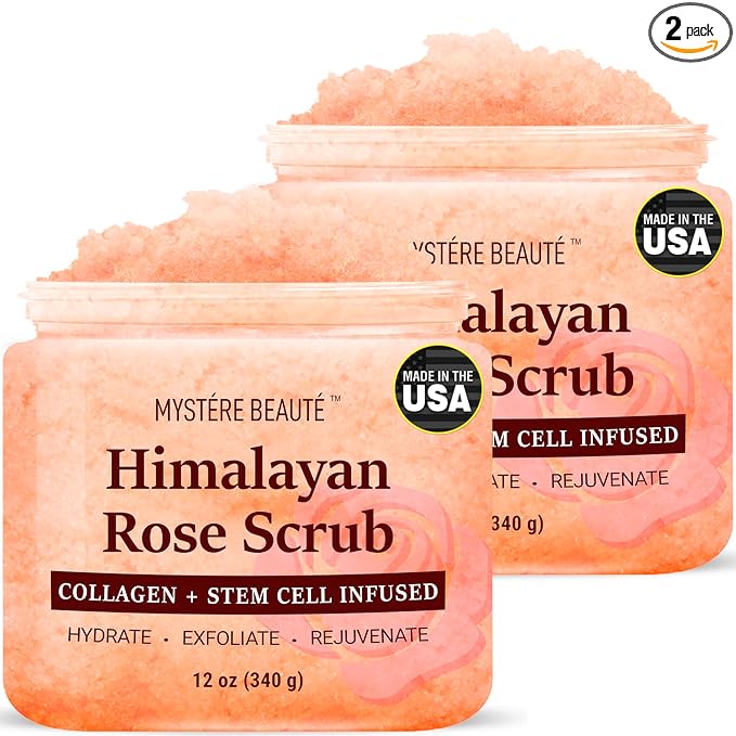 MYSTÉRE BEAUTÉ Himalayan Salt Body Scrub Twin Pack (12 oz x 2) - with Collagen, Rose Oil & Stem Cells - Exfoliating Scrub for Cellulite, Acne & Stretch Marks - Natural Skin Care Gift Set