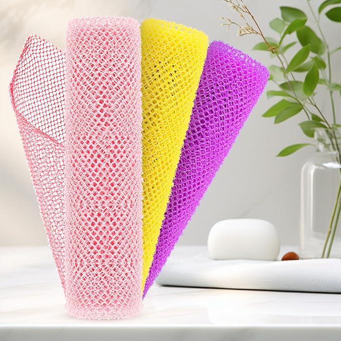 3 Pieces African Net Sponge – Premium African Net Sponge for Deep Exfoliation Quick-Dry and Reusable Mesh for Smooth Skin（Yellow, Pink, Purple）