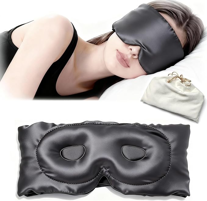 100% Mulberry Silk Sleep Mask for Women & Men – 22 Momme 6A Grade, 3D Contoured Total Blackout Eye Mask for Side Sleepers, Eyelash Extensions, Adjustable Strap, Breathable Blindfold (Gray)