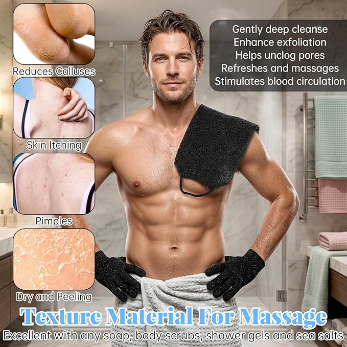 2 Pack Exfoliating Back Scrubber Bath Gloves Set Washcloth Back Scrubber Set Exfoliating Shower Towel with Gloves Cleaner Wash Glove to Remove Dead Skin Body Scrub Towel for Women Men Bath Shower