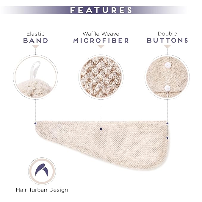 SimpleField 2 Pack Microfiber Hair Towel Wrap for Women, Anti Frizz Quick Drying Hair Turban for All Hair Style, Absorbent and Lightweight (Beige + Grey)