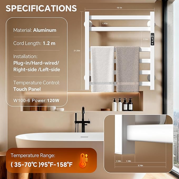Electric Towel Warmer Wall Mounted, 6 Bar Heated Towel Rack with Intelligent Timer & Temp Control, Plug-in/Hardwire, Left and Right Compatible