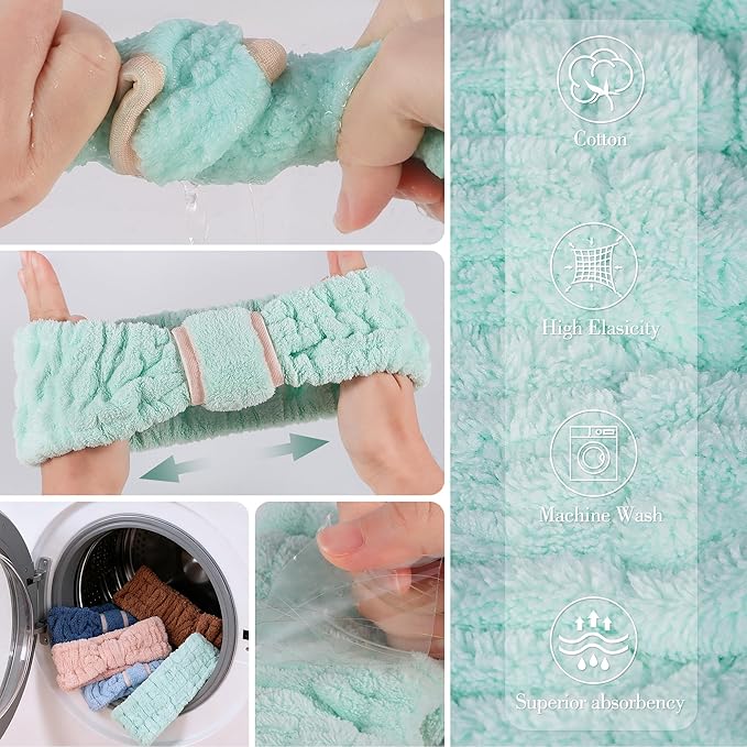 DiyJibb 9 Pcs Spa Headband for Washing Face,Skincare Headband and Wristband Set,Women Teen Girls Facial Hairbands for Washing Face, Makeup, Sports, Yoga (light green + pink +khaki)
