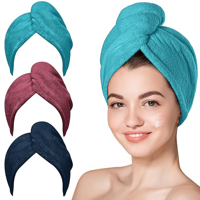 Hicober Microfiber Hair Towel, Hair Turbans for Wet Hair, Drying Hair Wrap Towels for Curly Hair Women Anti Frizz, 3 Packs (Plum,Navy,Aqua Green)