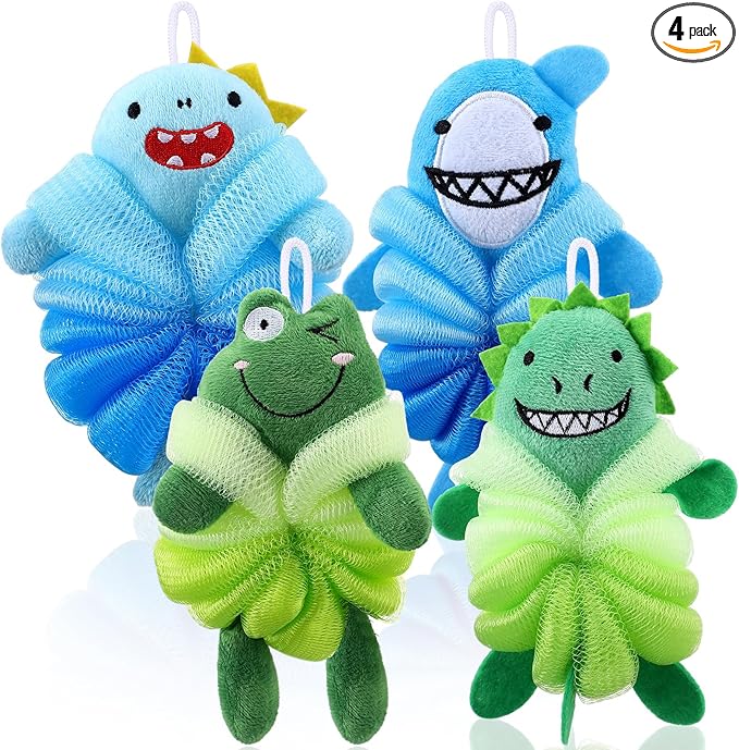 Tatuo 4 Pcs Animal Bath Loofahs Kids Body Loofah Cartoon Shower Cute Bath Sponge Pouf Body Scrubbers Mesh Sponge for Toddler Children Boys Girls Shower Baby Washing Exfoliating (Boys)