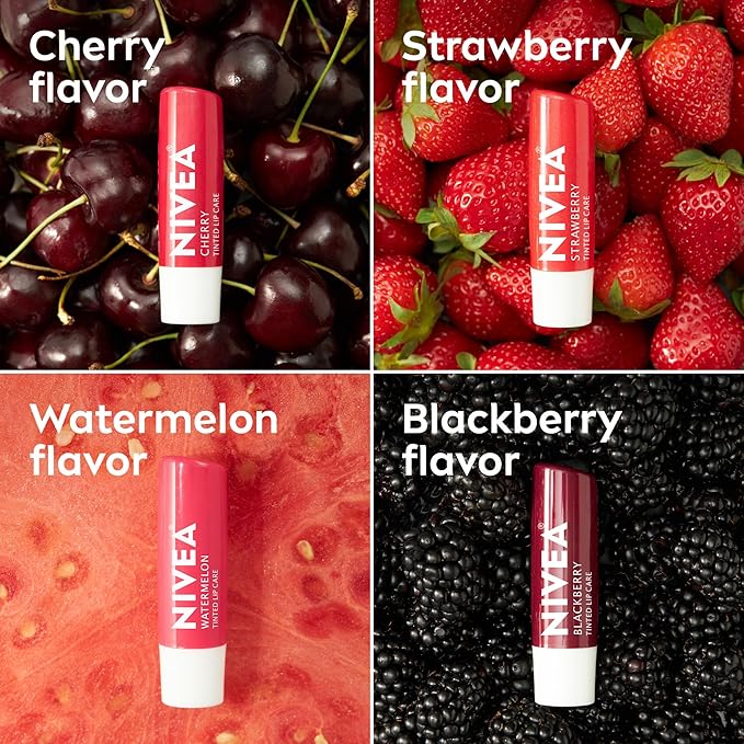 NIVEA Lip Care, Fruity Tinted Lip Balm Variety Pack, Cherry, Strawberry, Blackberry and Watermelon Flavors, 3-in-1 Moisture, Repair and Color, 0.17 Oz Stick, (Pack of 48)