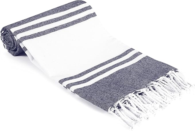 Goroly Home Cotton Turkish Peshtemal Beach Towel, Extra Large, Thin Quick Dry Sand Free Pool & Swim Towel, Bathing Blanket, Travel Essentials, (Dark Navy, 36x71 Inches)