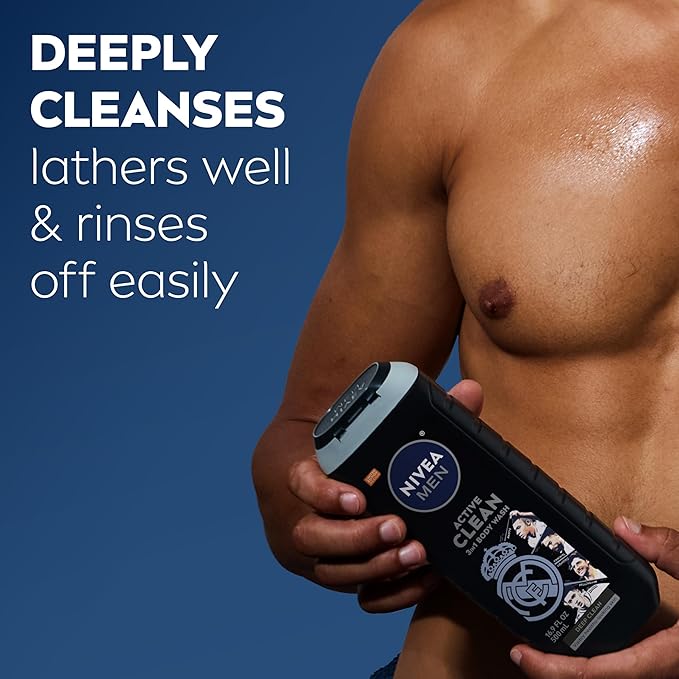 NIVEA MEN Real Madrid Limited Edition Design Active Clean Body Wash with Natural Charcoal for Normal to Oily Skin, 3-in-1 Charcoal Body Wash, Face and Hair, 16.9 Fl Oz Bottle, Pack of 3