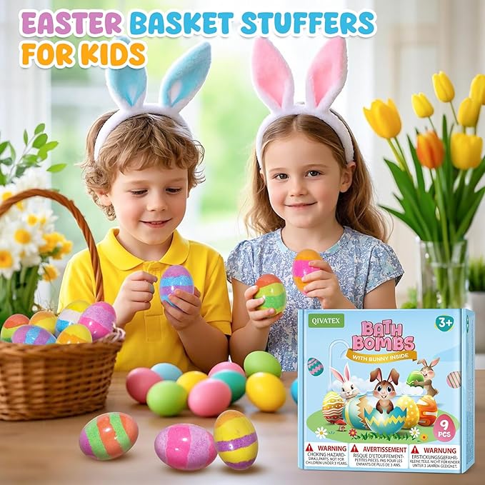 Qivatex Bath Bombs with Toys Inside, Easter Basket Stuffers, Natural & Organic Kids Bath Bombs, Bubble Bath Birthday Easter Gifts Set for Kid Boys and Girls Ages 3+