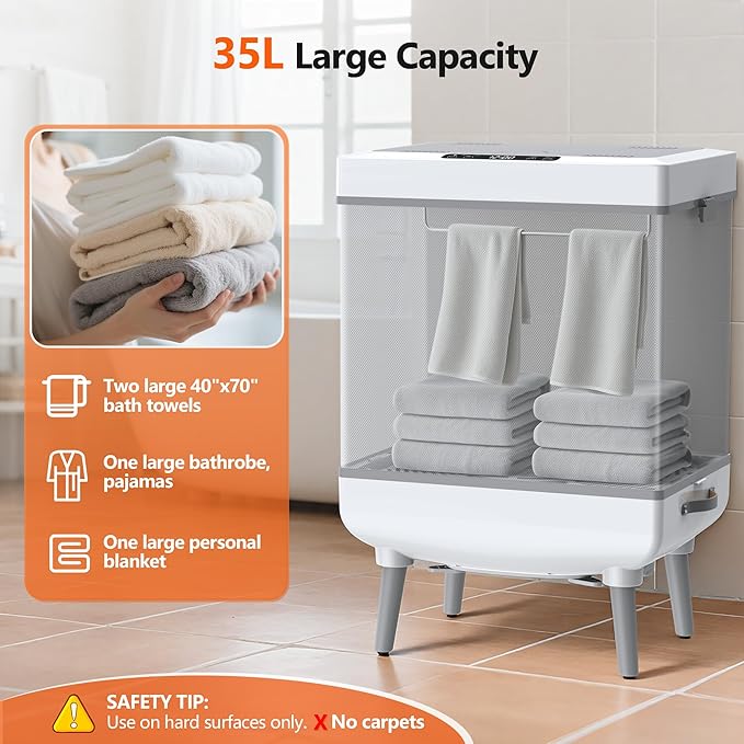 kapebow 35L Luxury Foldable Towel Warmer, 600W Fast Heating, Auto Shut Off, Fits 3 Large Towels (45x70), Bathrobes & Blankets, Heat/Dry Modes, 24H Delay, Perfect for Bathroom, Spa, Home (UL Listed)