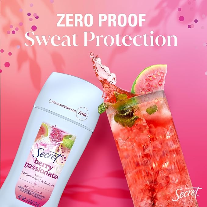 Secret Fresh Antiperspirant Deodorant for Women, 72hr Freshness on the Rocks with Pro-Hyaluronic Acid, Miami Mocktail Edition, Invisible Solid, Berry Passionate with Passionfruit & Guava Scent, 2.6 oz