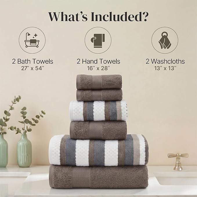 Modern Threads Pax 6-Piece Reversible Yarn Dyed Jacquard Towel Set - Bath Towels, Hand Towels, & Washcloths - Super Absorbent & Quick Dry - 100% Combed Cotton, Khaki