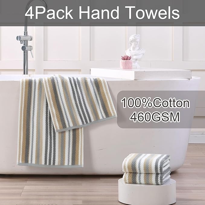 Beige Striped Hand Towels, Bathroom Hand Towels Set of 4, 16"x27" - 100% Cotton | Quick Dry | Absorbent | Light Weight, Soft Towel Set for Showering & Guest, Luxury Towel Gift, Tan and Gray