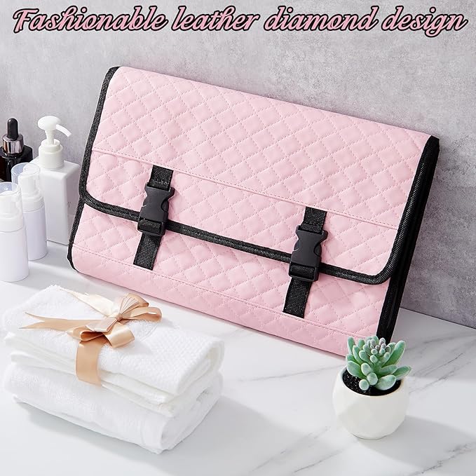 Travel Hanging Toiletry Bag with Mirror Leather Travel Hanging Mirror Foldable Dance Competition Makeup Bag Backstage Cosmetic Organizer for Traveling Dancers Spa(Classic,Pink)