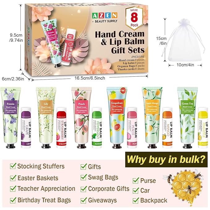 AZEN 8 Sets Bulk Gifts, Hand Cream and Lip Balm Bulk Set with Organza Bag Thank You Card, Baby Shower Wedding Gift for Guests, Bridal Wedding Favors for Guests, Mothers Day Gifts Stocking Stuffers