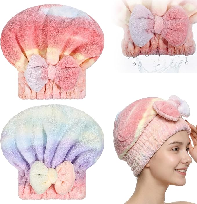 2 Pcs Ultra Absorbent Microfiber Hair Towel Wrap, Bow Tie Design Hair Drying Caps Quick Dry Hair Towel for Women Girls Long Curly Hair (Gradient)