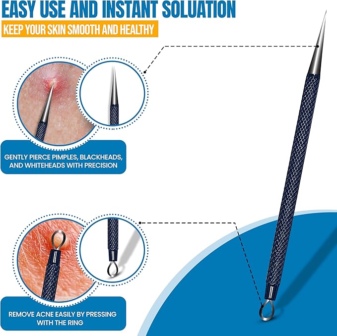 EFAH Care 2Pcs Stainless Steel Pimple Extractor Acne Treatment Tool Surgical Blemish Grade Blackhead Remover Perfect for face and Nose Easy to Clean (Black)