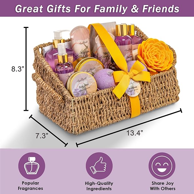 Aqua Elegante Bath Spa Gift Set - 15 Piece Premium Basket with Wash, Bubble Bath, Lotion, Salts, Body Scrub, Towel, Shower Puff, Bathbombs, Reusable Basket, Gifts for Women - Honey & Lavender