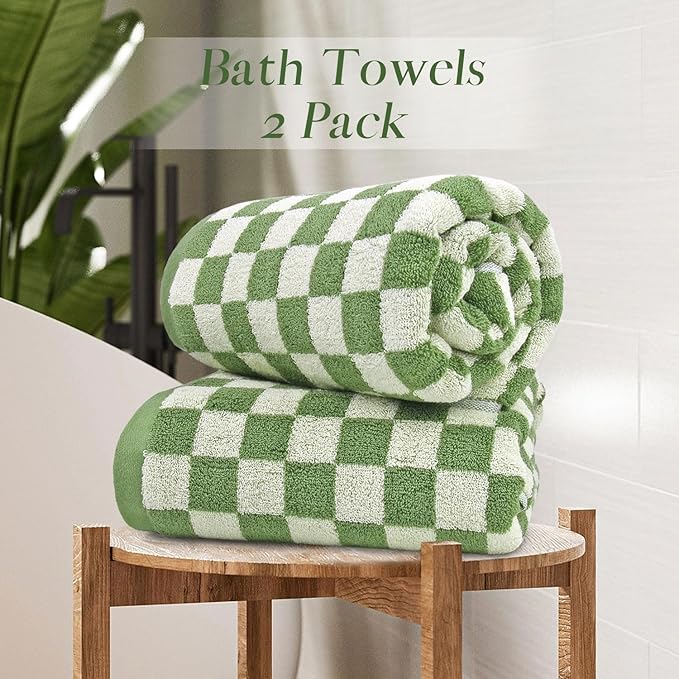 Jacquotha Bath Towels Set of 2 - Luxury Cotton Bathroom Shower Towels Body 55” x 27.5” Absorbent, Quick Dry, 520GSM, Green Checkered Bathroom Decor