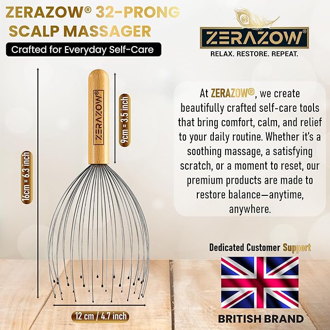 ZERAZOW® Scalp Massager with 32-Prong, Head Massager Scalp Massage Tool for Relaxation, Beech Wood Head Scratcher, Scalp Scratcher for Head Massage, Scalp Stimulator, Mother’s Day Gifts for Women/Men