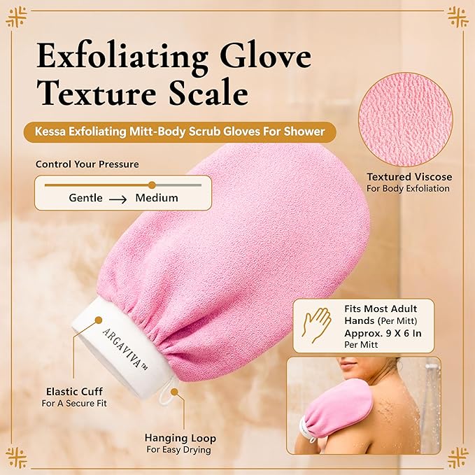 Moroccan Exfoliating Glove for Shower - Kessa Hammam Body Scrub Gloves, Exfoliating Mitt, Bath Mitt - Couple's Spa Set, 2 Pack His and Hers, Pink and Black