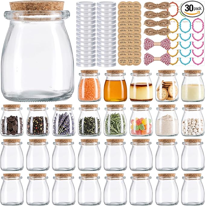 BIGIVACA 30 Pack 7oz Glass Jars with Cork Lids & PE Lids, Yogurt & Candle Jars for Making Candles, Small Mason Jars for Spices, Candy, Bath Salts, Wedding, Party & Baby Shower Favors