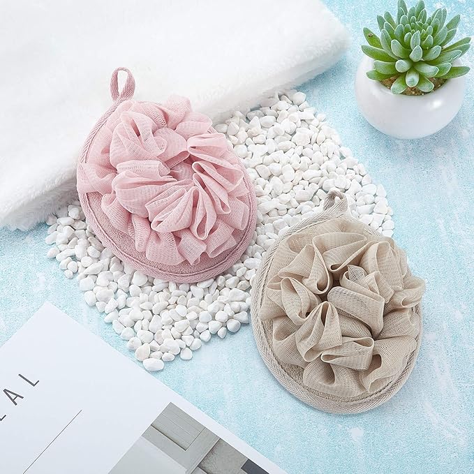 Boao 6 Pcs Bath Shower Pouf Sponge Mesh Pouf Shower Ball Exfoliating Body Sponge Pad Scrubber Glove with Flower Bath Ball (Khaki,Coffee,Pink)