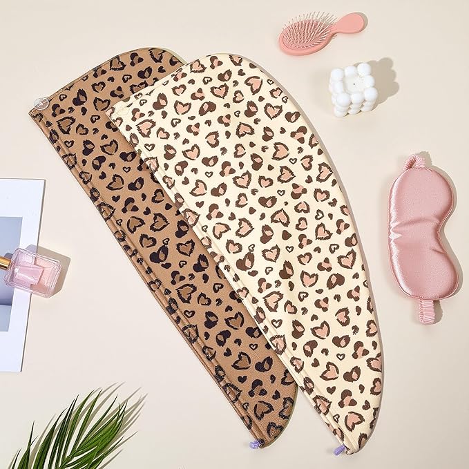 Unicorn Castle Microfiber Hair Towel for Kids 2Pack Hair Wrap Towels Absorbent Hair Drying Towel Wrap Hair Turbans for Curly Thick Hair,Brown Leopard Heart