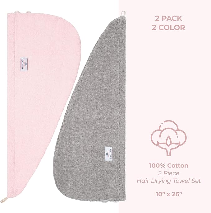 American Soft Linen 100% Cotton Head Towel Cap, Women's Anti Frizz Hair Wrap, Absorbent Cotton Towels 2 Pack, Light Grey-Pink