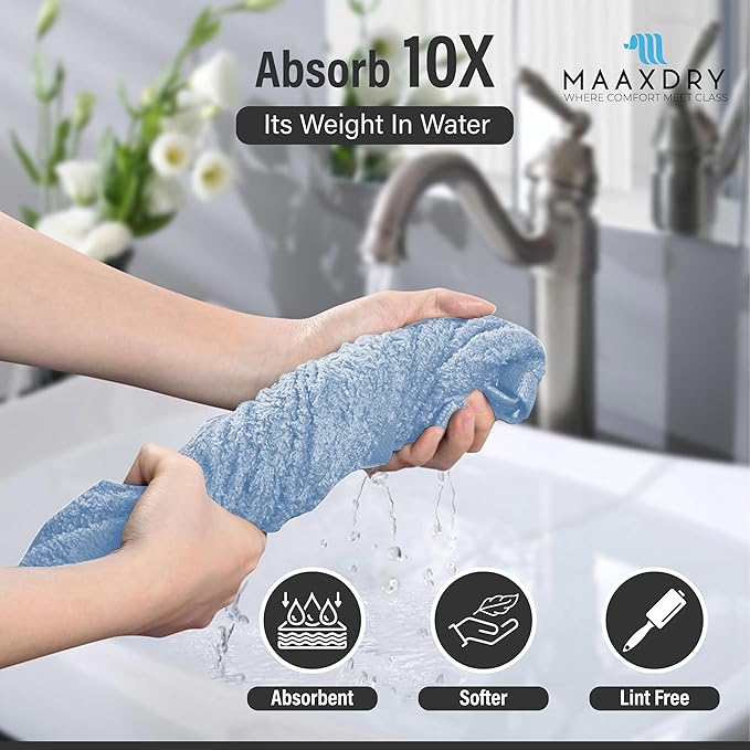 100% Cotton Hair Towel Wrap for Women, Men & Kids – Non-Microfiber 450 GSM Thick Super Absorbent Hair Towel 26x40 Inches, Secure Elastic Hair Wrap for Long & Curly Hair (Blue)