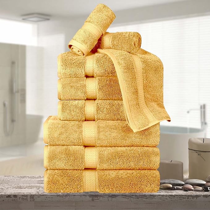 Superior Egyptian Cotton Pile 9-Piece Towel Set, Includes 3 Bath, 3 Hand, 3 Face Towel/Washcloth, Heavyweight, Ultra Soft Luxury Towels, Thick Plush Essentials, Guest Bath, Spa, Hotel Bathroom, Gold