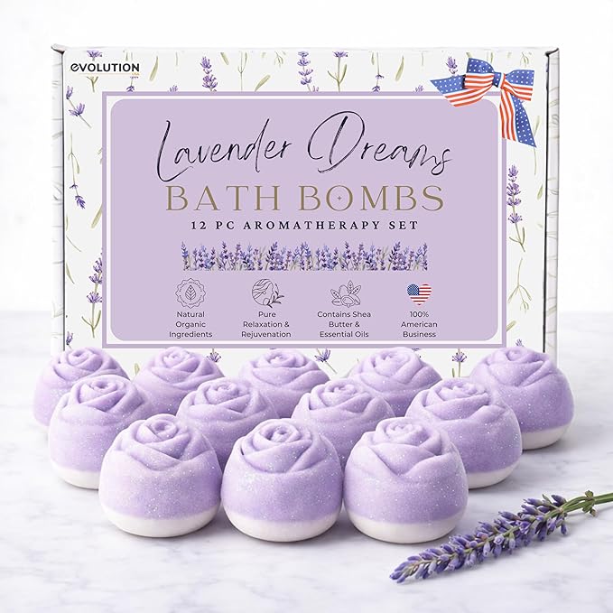 EvolutionUSA Lavender Dreams Bath Bombs for Women, 12 Organic Flower Bath Bombs, Soft Lavender Bath Bombs, Womens Bath Bombs Gift, Lush Bath Bombs for Girls, Relaxing Bathbombs, Bath Balls