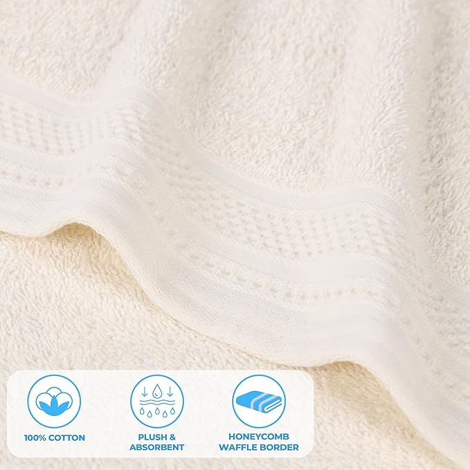 Superior Honeycomb 100% Cotton 500 GSM 12 Piece Bath Towel Set, 6 Washcloths, 4 Hand, 2 Bath Towels, Ideal for Bathroom, Kitchen or Beach, Quick Dry, Jacquard and Solid, Mid-Weight, Ivory