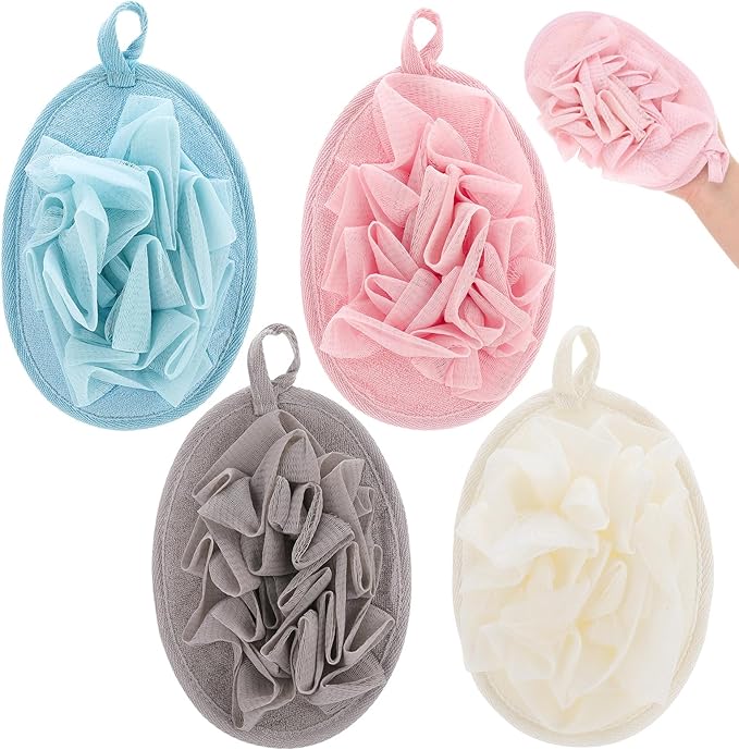4 PCS Exfoliating Bath Sponges Soft Loofah Shower Scrubber with Elastic Hand Strap for Women Men Gentle Skin Cleansing Body Wash Towel Pouf Pink, Blue, White, Gray