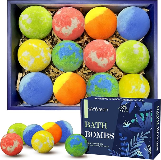 Bath Bombs for Men, Boys, Organic Bath Bombs, Anniversary Birthday Gift Set, Natural with Essential Oil, Epsom Salt and Vitamin C, Non-Toxic, Stress Relief Bath Soak, 6 Scent, 12 Pack for Men & Women