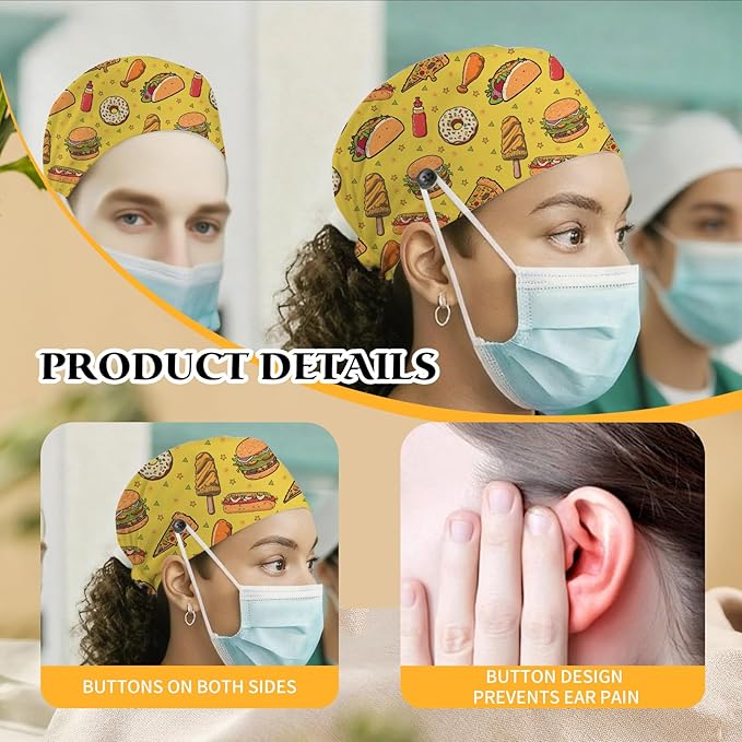 Adjustable Scrub Cap with Buttons & Sweatband, Working Hat with Elastic Tie Back, Unisex Nurse Surgical Caps for Women & Men