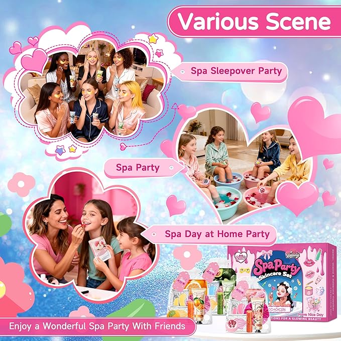 Spa Party Supplies for Women, 12 PCS Spa Party Favors Include Face Masks Skincare, Hand Cream, Lip Balm, Under Eye Patches, Lip Mask and Foot Bath Bombs for Birthday Sleepover Party