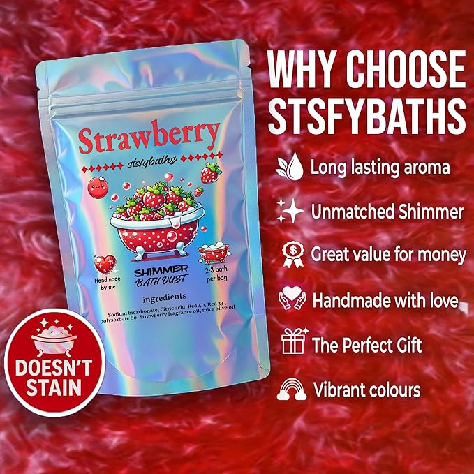 Red Shimmer Bath Bomb in A Bag - Handmade Strawberry Scented Bath Bombs for Women, Kids and Men - Bulk Bathbomb Fizzies Perfect for Boys and Girls All Ages (Small, Red)