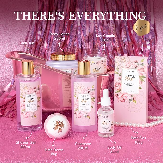 Bath and Body Gift Basket Set Mothers Day, 16 Pcs Luxury Rose & Vanilla Scent Spa Gift Basket Set for Women, Watermelon Body Scrub, Perfect Bath & Body Gift Set, Home Spa Bath Pamper Gifts Teens