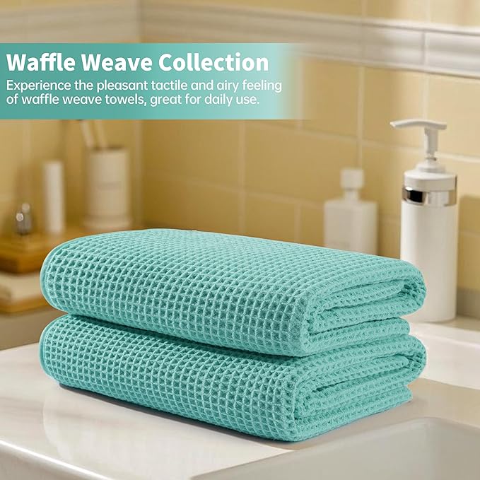 MICROFI New Microfiber Waffle Bath Towels, 2 Pieces, Oversized, Soft, Absorbent, Fast Drying, Lint Free 430 GSM (Turquoise)
