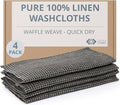 100% Flax Linen Washcloths - 4-Pack 10x10-inch Reusable Waffle Washcloths - Make up Removers Face Cloth - Black-Natural Waffle Weave Wash Cloths - Small Face Towels for Women