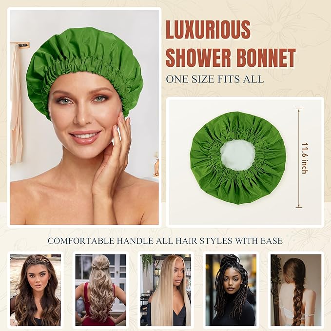 Reusable Shower Cap for Women, Large Waterproof Shower Bonnet with Elastic Band, Washable Bath Hair Cap for Long, Curly Hair, Braids, Daily Shower, Home Spa, Travel(Sage)