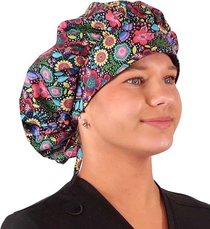 Sparkling EARTH Banded Bouffant Surgical Scrub Ponytail Working Caps and Built-in Sweatband - 100% Cotton - Made in The USA