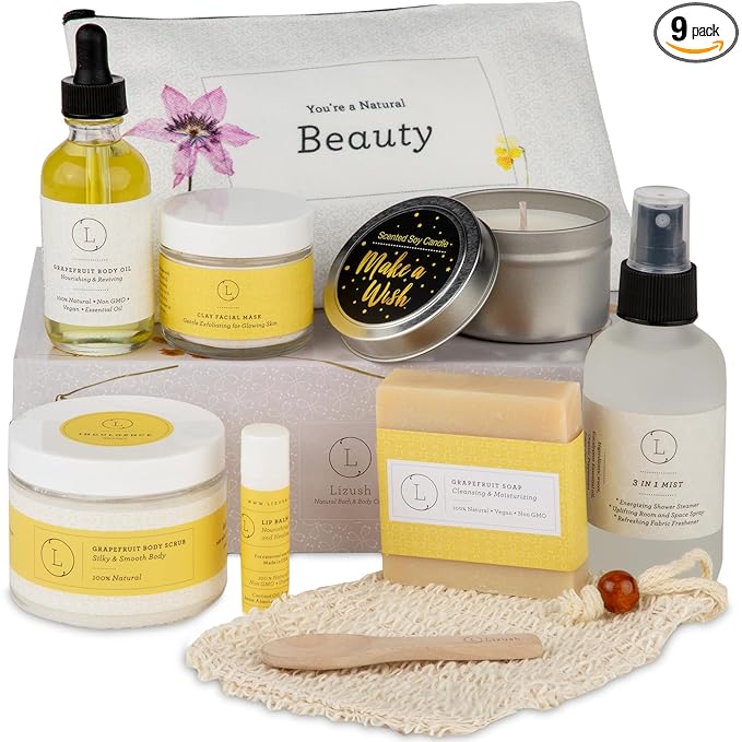 Lizush Luxury Spa Gifts for Women - 9 Piece Citrus Spa Gift Baskets for Women, Relaxation Birthday Gift Set, Handmade in the USA, Self Care Gift Sets For Wife, Mom, Co-Worker, Best Friend