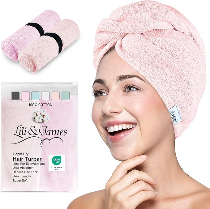 Cotton Hair Towel Wrap for Women/Kids | Quick Dry, Soft & Absorbent 420 GSM Hair Wrap Towels with Double Button | Anti Frizz, Non Microfiber Hair Turbans for Curly, Long Hair (Lilac+Pink)