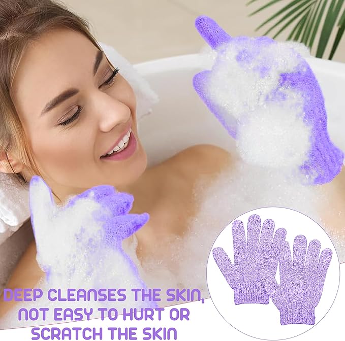 4 Pairs Bath Gloves, Body Scrub Mitts, Shower Scrubber Gloves for Shower Spa Massage & Body Scrub for Women Bath Spa Accessories (Purple, S)
