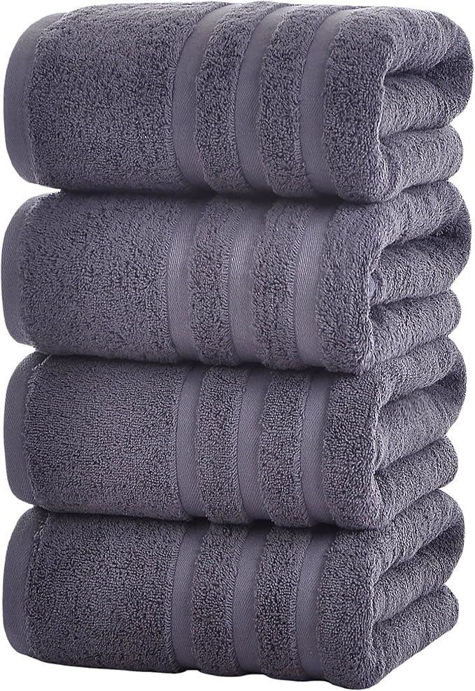 Bath Towels 4 Pack, 30 x 60 Inches, Large 100% Cotton Towels, Soft, Absorbent, Comfortable for Home, Spa, and Gym, (Gray)