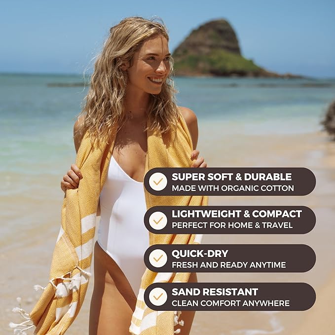 FESHKA Sand Proof Turkish Beach Towel – Oversized, Quick Dry & Lightweight Travel Towel - 100% Organic Cotton Beach Blanket - Perfect for Bath, Pool & Picnic | Honey Drop (Yellow)