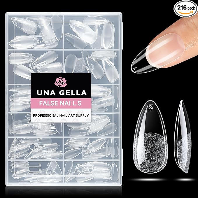 UNA GELLA Almond Nail Tips 216pcs Medium Almond Press on Nails Pre-shape Gel Fake Nails for Full Cover Acrylic French False Nails For Nail Extension, DIY Salon 12 Sizes Gelly Tips
